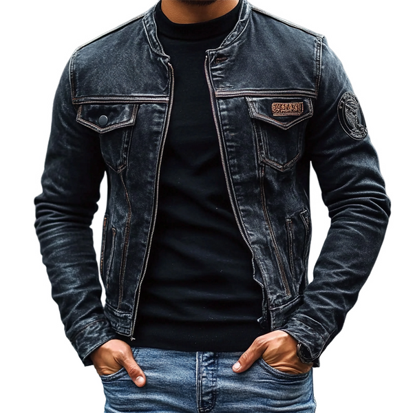 Men's Vintage Washed Baseball Collar Slim Fit Denim Jacket