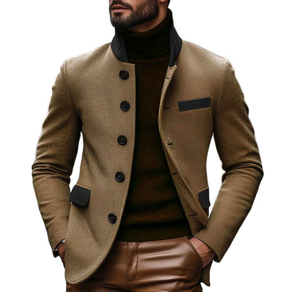 Men's Vintage Colorblock Wool Blended Stand Collar Slim Blazer