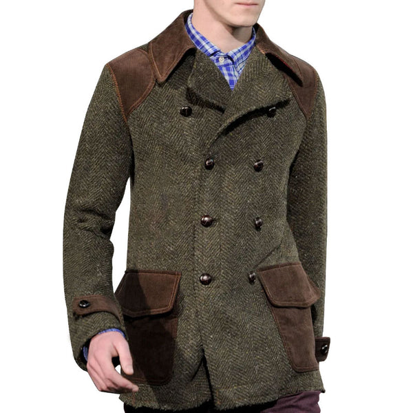 Vintage Herringbone Wool And Suede Patchwork Double-Breasted Casual Coat