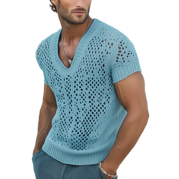 Men's Summer Fashion V-neck Knitted Mesh Breathable T-shirt