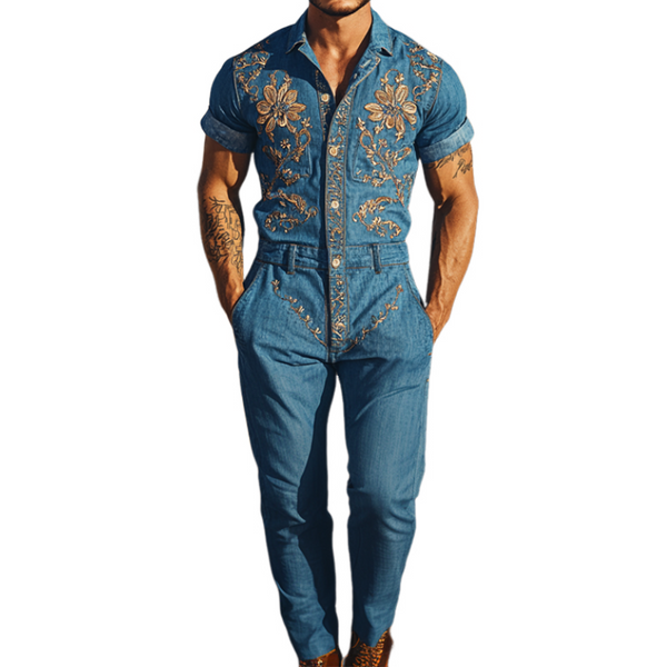 Men's Summer Fashion Casual Classic Western Style Tencel Denim Embroidered Jumpsuit