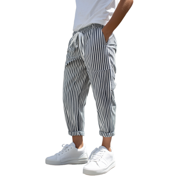 Men's Casual Cotton Blend Striped Elastic Waist Tapered Pants