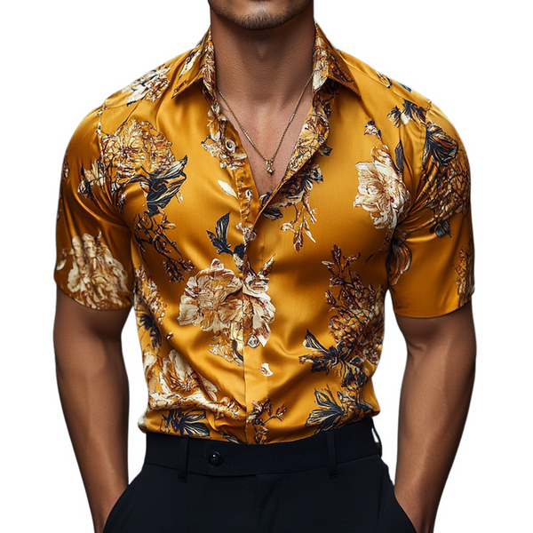 Men's Retro Casual Printed Floral Lapel Short Sleeve Shirt