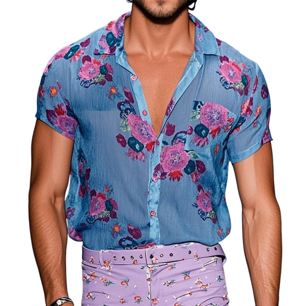 Men's Retro Casual Mesh Printed Floral Lapel Short Sleeve Shirt
