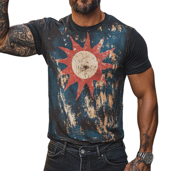 Men's Retro Casual Sun Printed Round Neck Short Sleeve T-Shirt