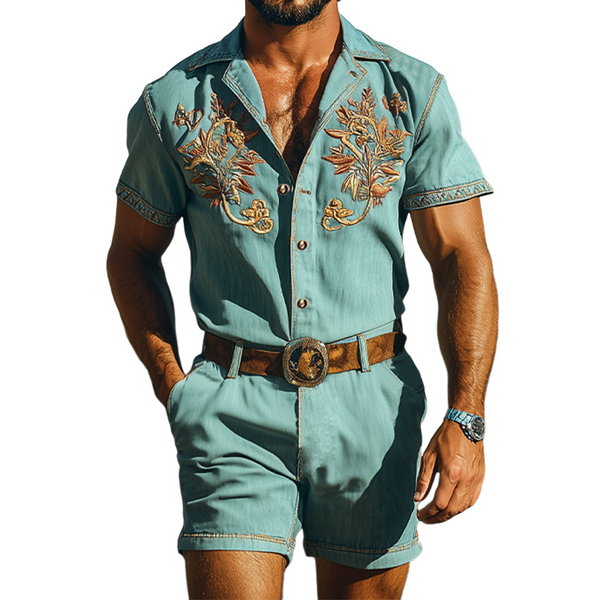 Men's Summer Fashion Casual Retro Western Style Tencel Denim Embroidery Jumpsuit (Without Belt)