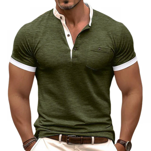 Men's Casual Colorblock Cotton Henley Collar Patch Pocket Slim Fit Short Sleeve T-Shirt