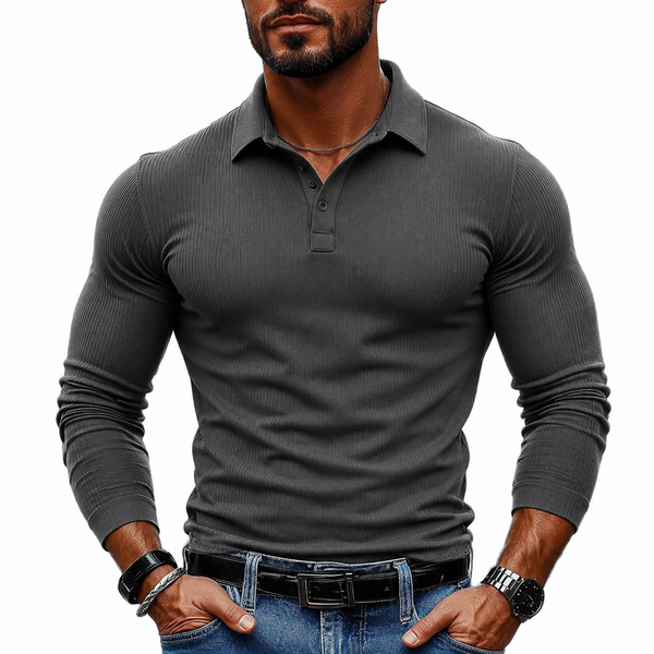 Men's Striped Textured Basic Elastic Long-sleeved POLO Shirt