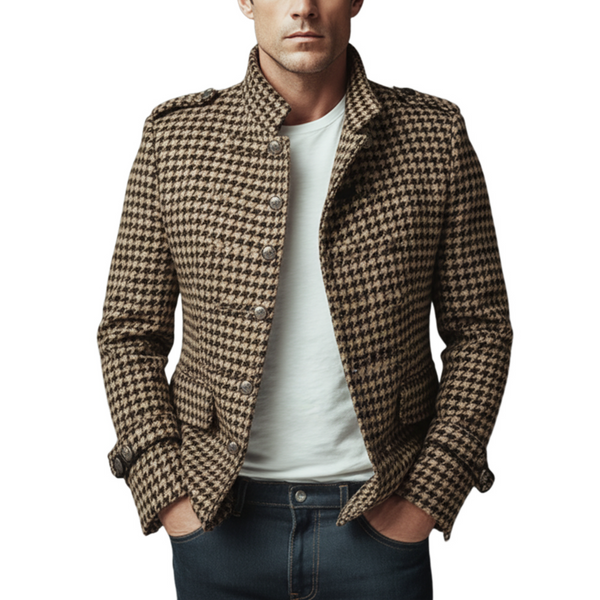 Men's Classic Retro Stand Collar Houndstooth Wool Single-breasted Slim-fit Jacket