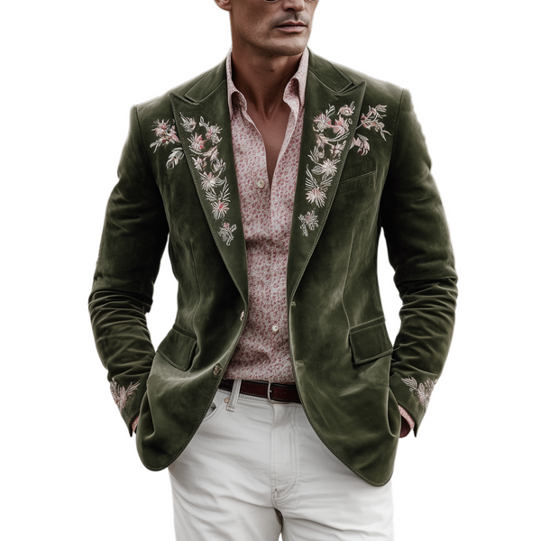 Men's Classic Retro Western Style Suede Embroidered Single-breasted Blazer