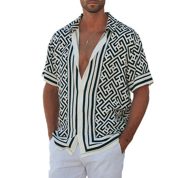 Men's Summer Casual Tencel Cotton Printed Lapel Short Sleeve Shirt