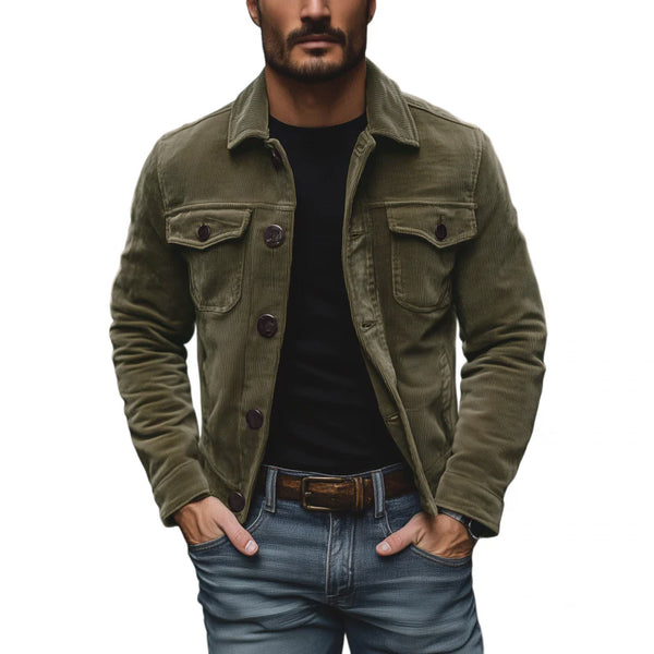 Men's Vintage Solid Color Corduroy Lapel Single Breasted Chest Pocket Cargo Jacket