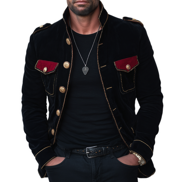 Men's Vintage Stand Collar Velvet Multi-Button Jacket
