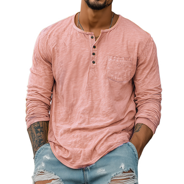 Men's Spring And Summer Casual Tough Style Henry Collar Bamboo Cotton Long Sleeve T-Shirt