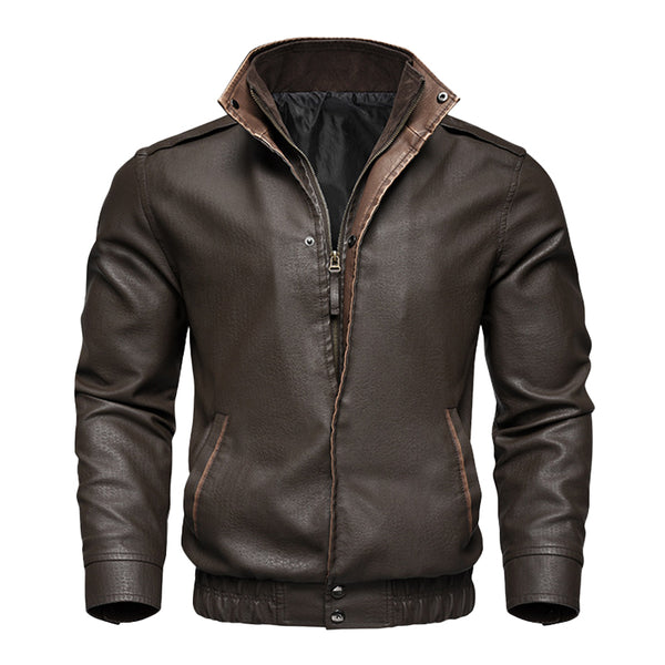 Men's Vintage Double Collar Leather Long Sleeve Zip Fly Bomber Jacket