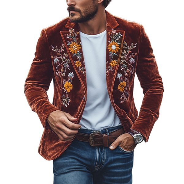 Men's Classic Retro Slim Fit Single Breasted Faux Velvet Embroidered Blazer