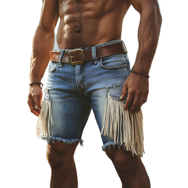 Men's Summer Western Cowboy Style Tassel Denim Shorts