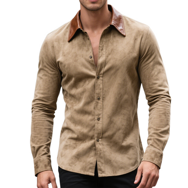 Men's Retro Casual Leather And Suede Lapel Long Sleeve Shirt