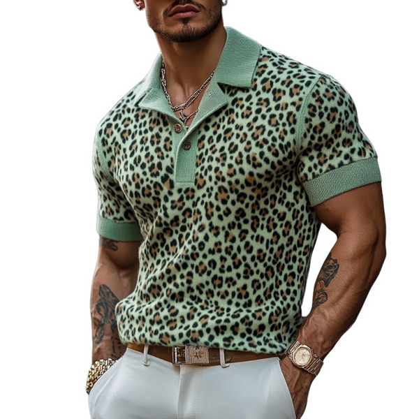 Men's Fashion Leopard Print Knitted Short-sleeved Polo Shirt