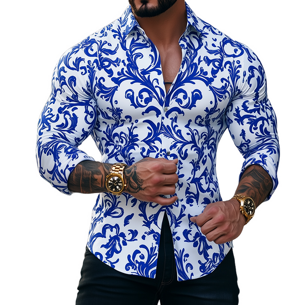 Men's Retro Casual Blue And White Porcelain Print Lapel Long Sleeve Shirt