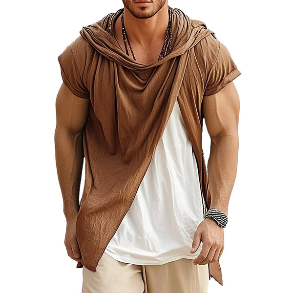 Men's Retro Casual Cotton Linen Colorblock Fake Two-Piece Hooded Short-Sleeved Shirt