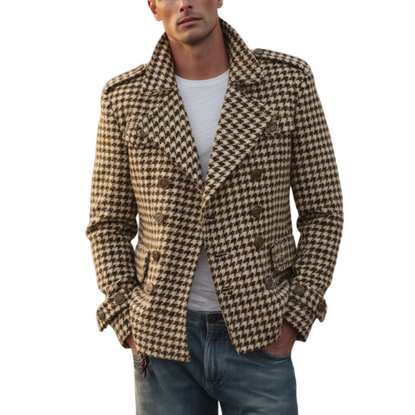 Men's Classic Retro Lapel Houndstooth Wool Double-breasted Jacket