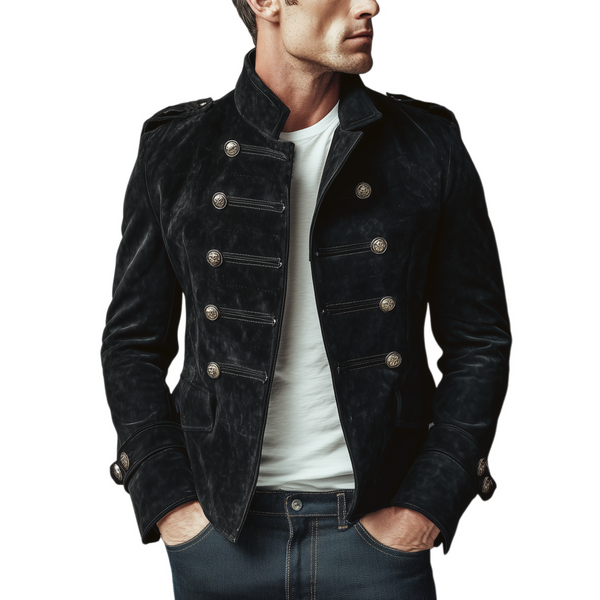 Men's Classic Retro Stand Collar Faux Suede Double-breasted Slim-fit Jacket