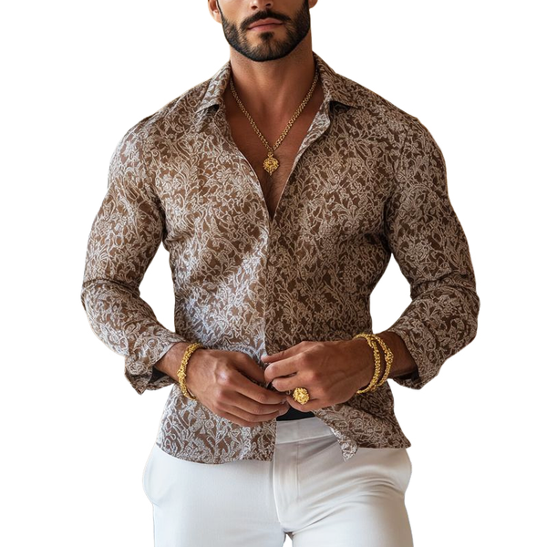 Men's Vintage Print Lapel Long Sleeve Shirt
