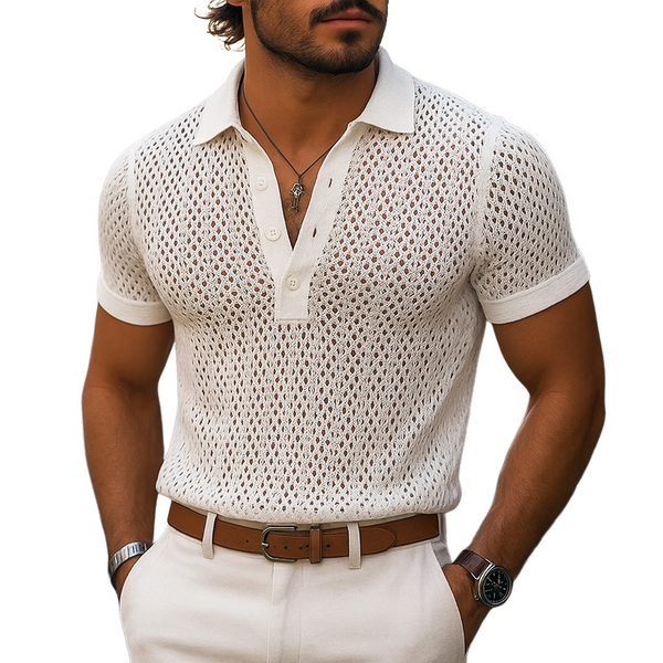 Men's Solid Hollow Out Plaid Knit Lapel Short Sleeve Polo Shirt