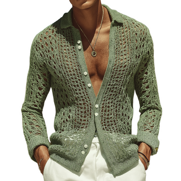 Men's Retro Casual Hollow Knit Lapel Long Sleeve Shirt