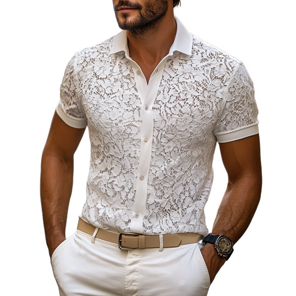 Men's Solid Lace Lapel Short Sleeve Shirt