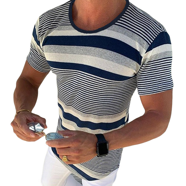 Men's Spring and Summer Casual Horizontal Stripe Knit Short Sleeve T-Shirt