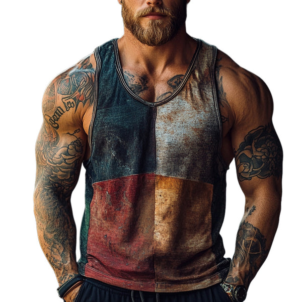 Men's Vintage Color Block Print Crew Neck Vest Top
