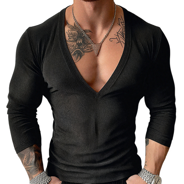 Men's Solid Color Striped V Neck Long Sleeve T-shirt