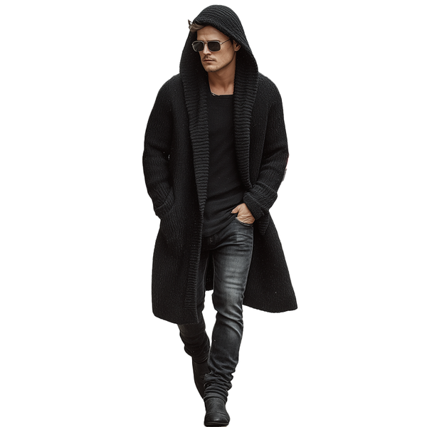 Men's Autumn And Winter Fashion Solid Color Cotton Yarn Knitted Long Hooded Cardigan