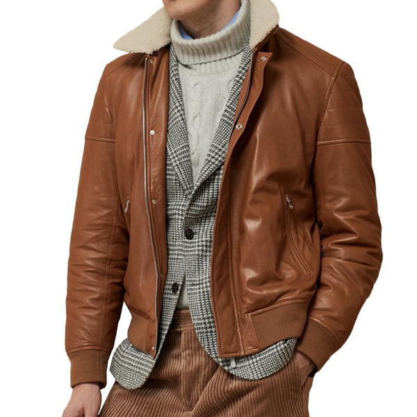 Men's Vintage Fur Collar Zip Fly Patchwork Leather Bomber Jacket