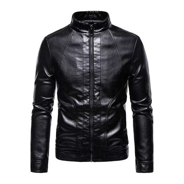 Men's Vintage Slim Stand Collar Panel Leather Biker Jacket