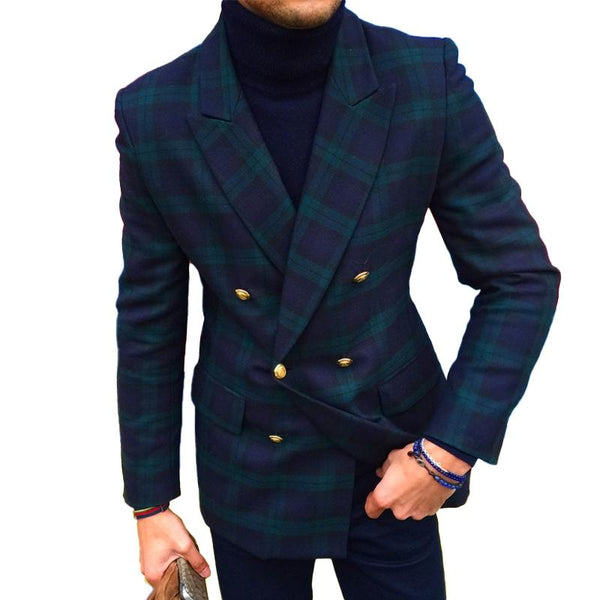 Men's Vintage Plaid Notch Lapel Double-Breasted Flap Pockets Blazer
