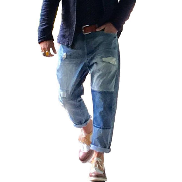 Men's Vintage Washed Distressed Patchwork Jeans