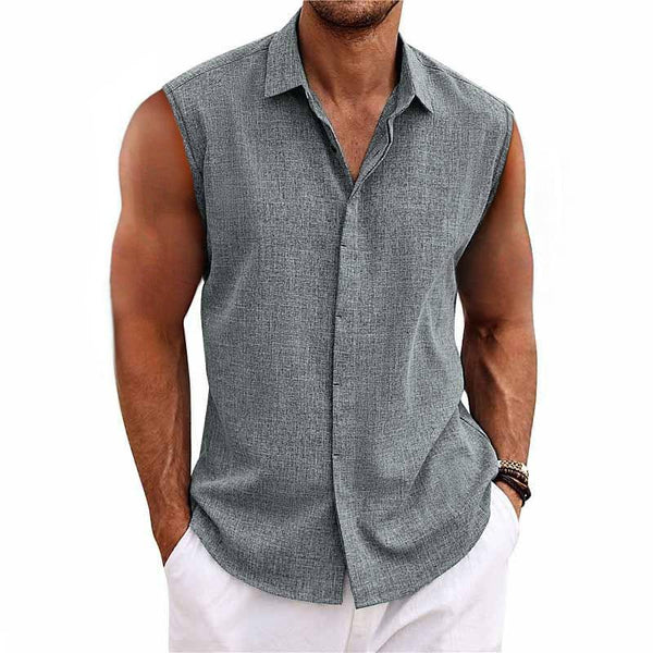 Men's Solid Color Lapel Cotton and Linen Sleeveless Shirt