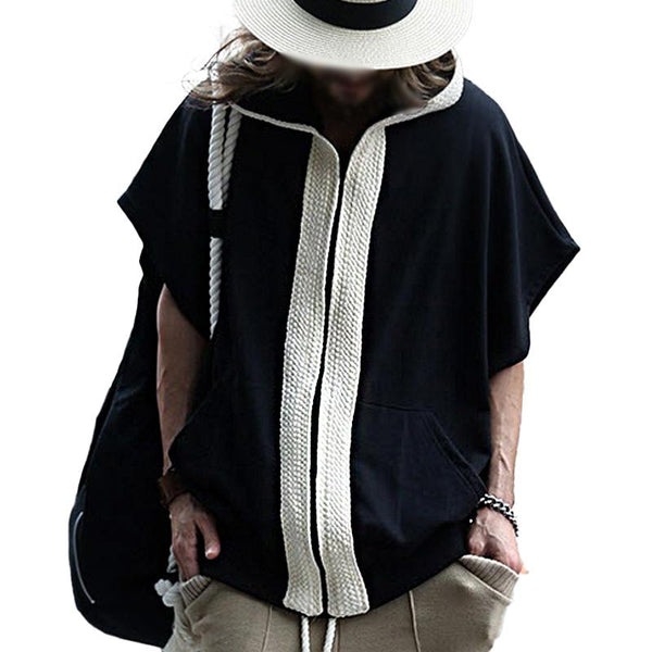 Men's Loose Color Block Hooded Short Sleeve Sweatshirt Jacket