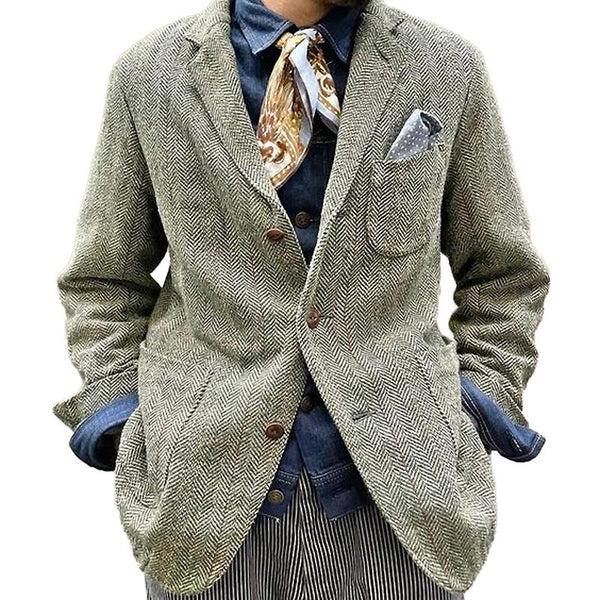 Men's Vintage Herringbone Single-Breasted Lapel Multi-Pocket Blazer
