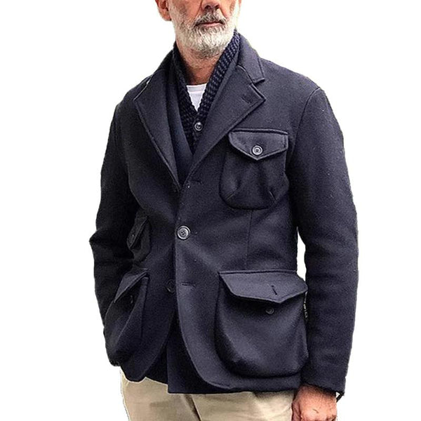Men'S Vintage Solid Color Woolen Lapel Multi-Pocket Jacket