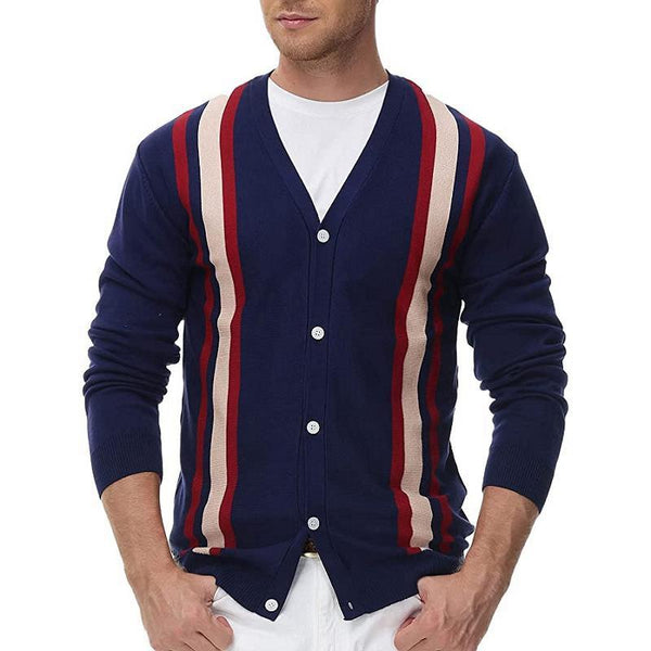 Men's Striped Single Breasted Knit Cardigan Sweater