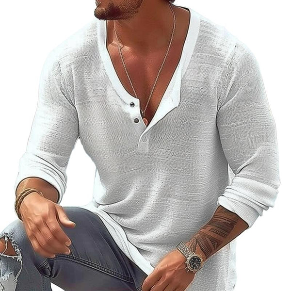 Men's Casual Breathable Cotton Linen U Neck Long-Sleeved T-Shirt