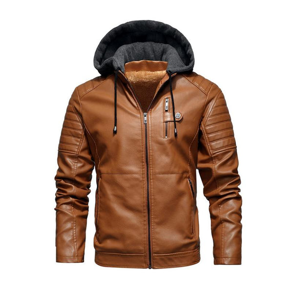 Men's Vintage Hooded Fleece Warm Zip-Up Slim Fit Leather Jacket