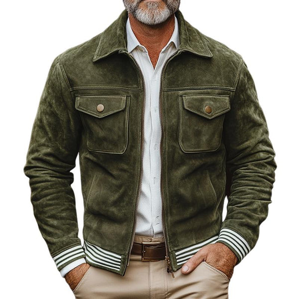 Men's Striped Trim Suede Lapel Chest Pocket Zipper Casual Jacket