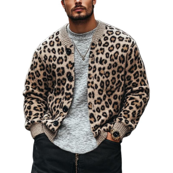Men's Vintage Leopard Jacquard Colorblock Single Breasted Cardigan