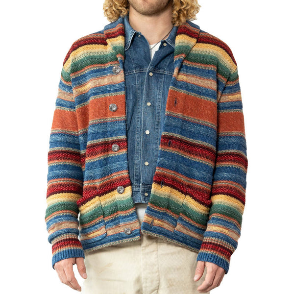 Men's Vintage Rainbow Colorblock Jacquard Lapel Cardigan